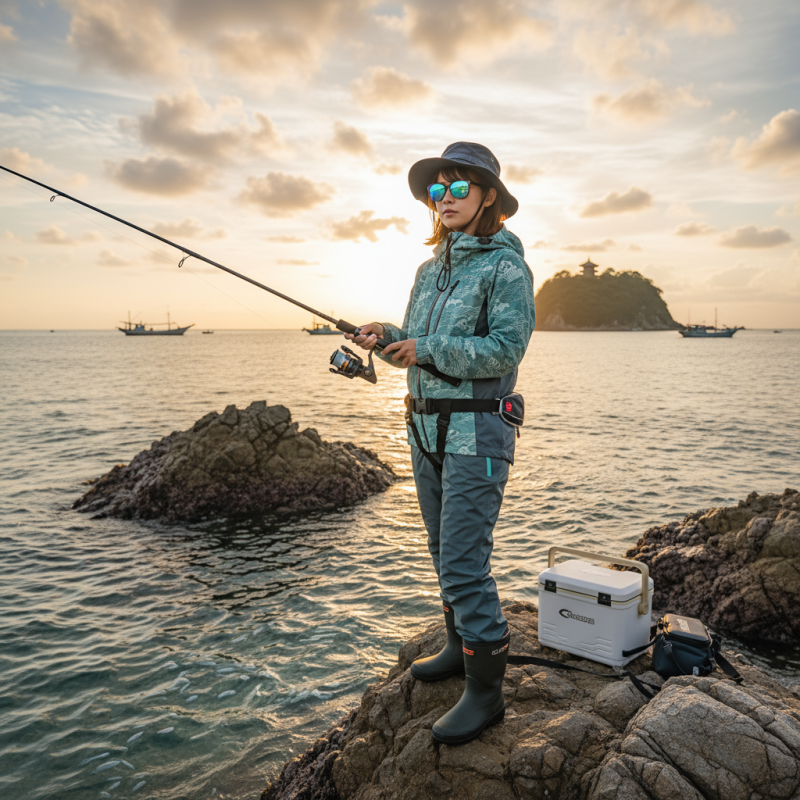 日本で、かっこいい釣り用ファッションの若い女性が海釣りをしている。女性のバストアップ画像 日本で、かっこいい釣り用ファッションの若い女性が海釣りをしている。女性のバストアップ画像
